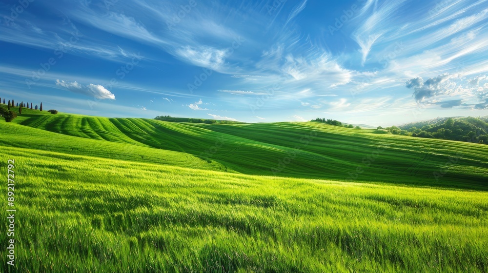 Rolling green fields with a bright blue sky, providing a peaceful and beautiful backdrop for wallpaper Rolling green fields with a bright blue sky, providing a peaceful and beautiful backdrop for wallpaper