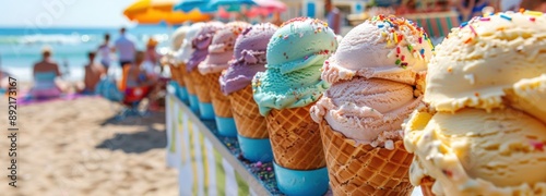 A row of colorful ice cream cones sits on a beachside stand, offering a sweet treat to beachgoers enjoying the warm summer day
