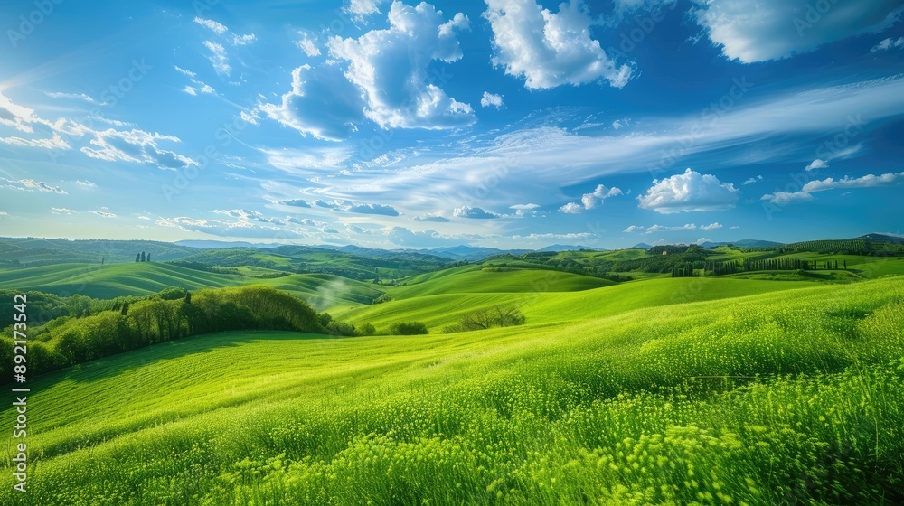 Scenic green fields and blue sky, capturing the tranquility of nature in a perfect wallpaper image Scenic green fields and blue sky, capturing the tranquility of nature in a perfect wallpaper image