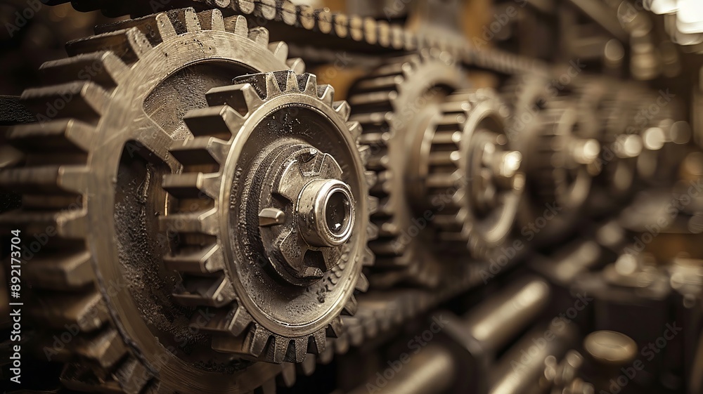 Industrial metal gears in a factory setting Industrial metal gears in a factory setting