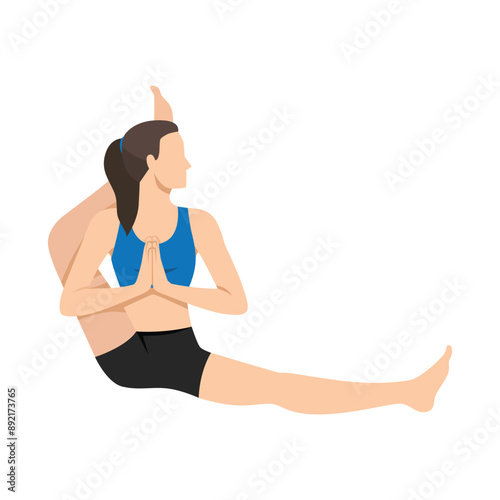 Woman doing Foot Behind the Head Pose or Eka Pada Sirsasana yoga exercise. Flat vector illustration isolated on white background