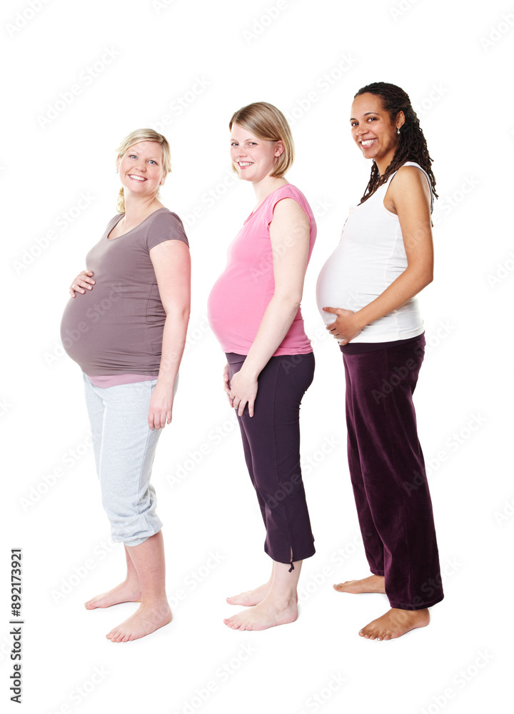 Portrait, pregnancy and happy women in studio for support, wellness and care or love. Community, friends and together or mothers by white background for development, health and growth for children Portrait, pregnancy and happy women in studio for support, wellness and care or love. Community, friends and together or mothers by white background for development, health and growth for children