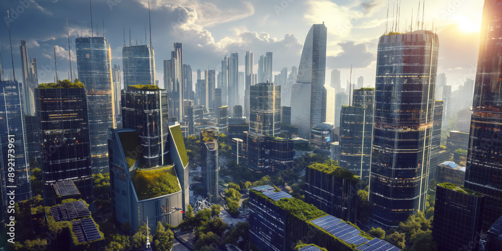 Obraz premium A futuristic cityscape with skyscrapers covered in integrated solar panels.