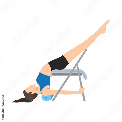 Woman doing Supported Shoulderstand Pose Chair or Salamba Sarvangasana Pose Chair yoga exercise. Flat vector illustration isolated on white background