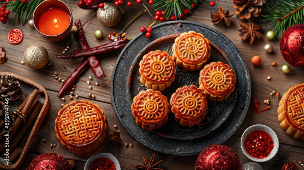 Fototapeta premium Mooncakes A table of mooncakes is surrounded by festive objects