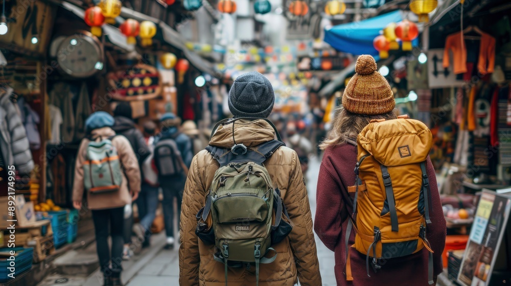 Two friends from Generation X exploring a vibrant street market abroad Two friends from Generation X exploring a vibrant street market abroad
