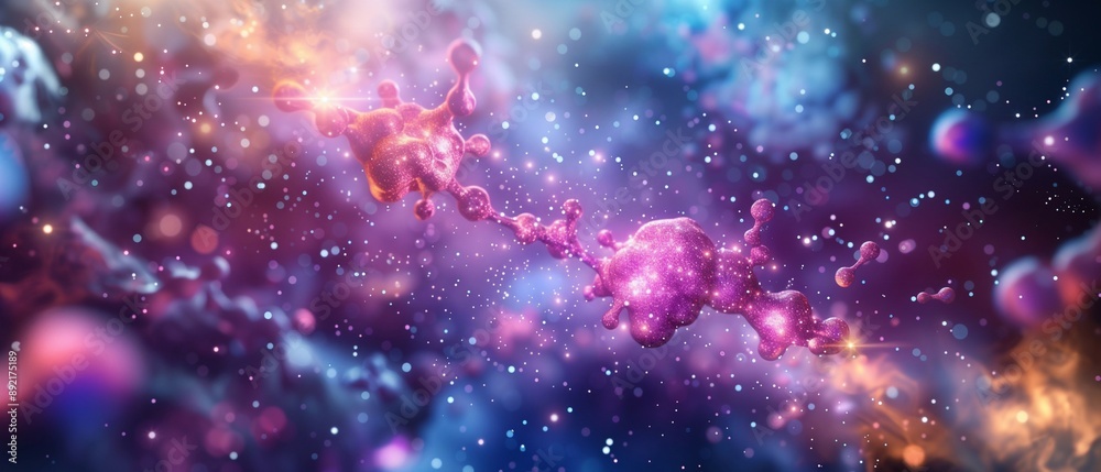 Molecule, reminiscent of a nebula in deep space. The molecule is composed of interconnected spheres, representing atoms, The surrounding space is filled with swirling clouds of gas and dust. Molecule, reminiscent of a nebula in deep space. The molecule is composed of interconnected spheres, representing atoms, The surrounding space is filled with swirling clouds of gas and dust.