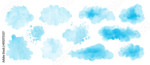 Blue watercolor background. Set of watercolor stains , blots, clouds , washes for design.
