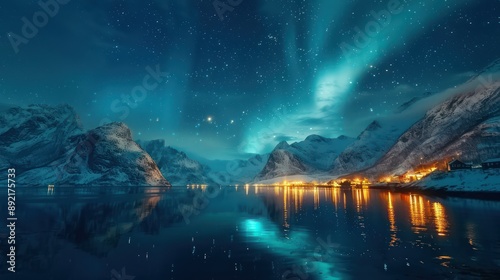 Norway. Aurora borealis. Scenery with bright. Northern lights, snowy mountains