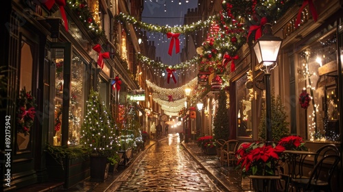 Festive Decorated Alley with Christmas Lights and Wreaths During Nighttime photo