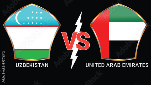Uzbekistan vs United Arab Emirates Soccer football match with Black Background and Versus Flags
