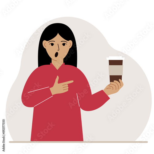 A woman holds a paper cup with coffee. Vector flat illustration