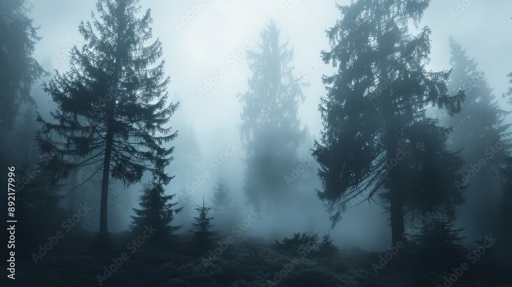 A foggy forest with silhouettes of trees and a mysterious atmosphere. A foggy forest with silhouettes of trees and a mysterious atmosphere.