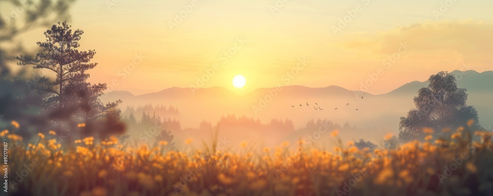 Obraz premium A beautiful sunrise over a field of yellow flowers. The sun is setting behind the mountains in the distance. The sky is filled with birds flying in the air. The scene is peaceful and serene