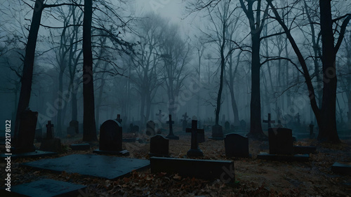 Grave yard in the woods and fog winter night, Halloween concept,