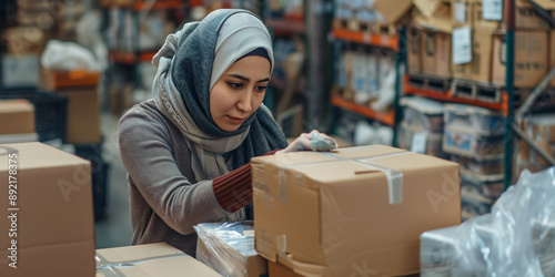 Asian muslim woman working in a warehouse, packing boxes and preparing orders for shipment online delivery concept