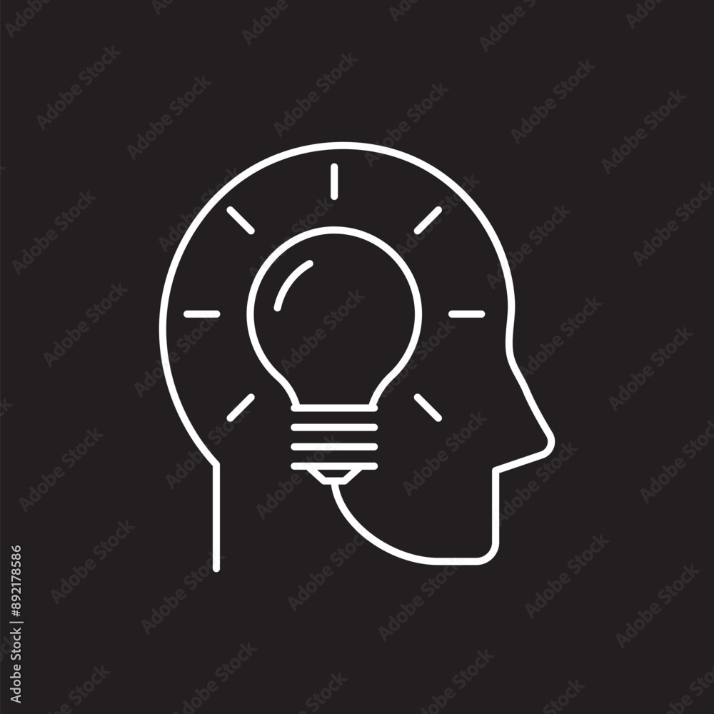 Head with idea light bulb line icon, outline vector logo illustration, linear pictogram isolated on black background. Vector illustration. Head with idea light bulb line icon, outline vector logo illustration, linear pictogram isolated on black background. Vector illustration.