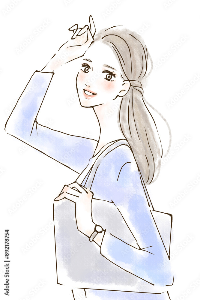 通勤する笑顔の女性のイラスト ハイブリッド出社