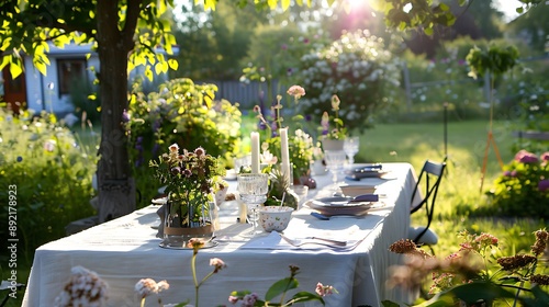 Table in a garden ready for swedish midsummer celebration