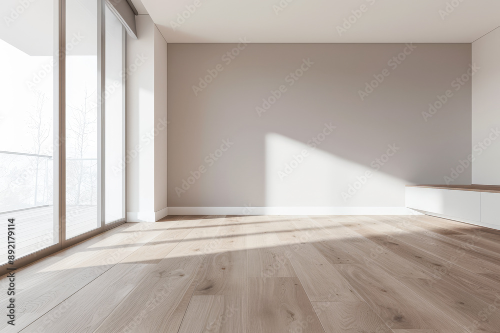 Fototapeta premium Residential empty room interiors with no furniture, natural lighting and ample copy space. Mockup interiors conceptual image.