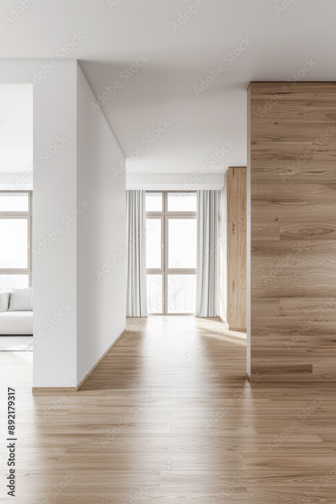 Fototapeta premium Residential empty room interiors with no furniture, natural lighting and ample copy space. Mockup interiors conceptual image.