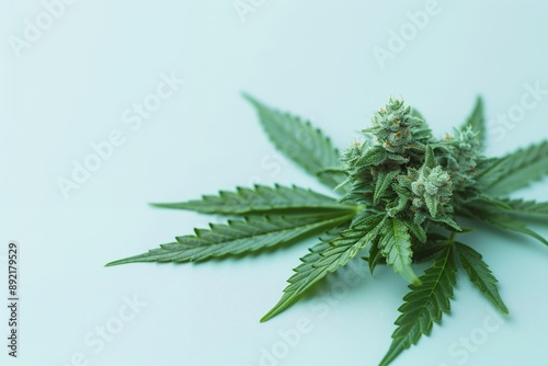 Close up of cannabis bud with leaves on a white background, banner for medical or personal use. Close-up view of a blooming weed flower bud with green leaves isolated on a pastel blue background. Kush photo