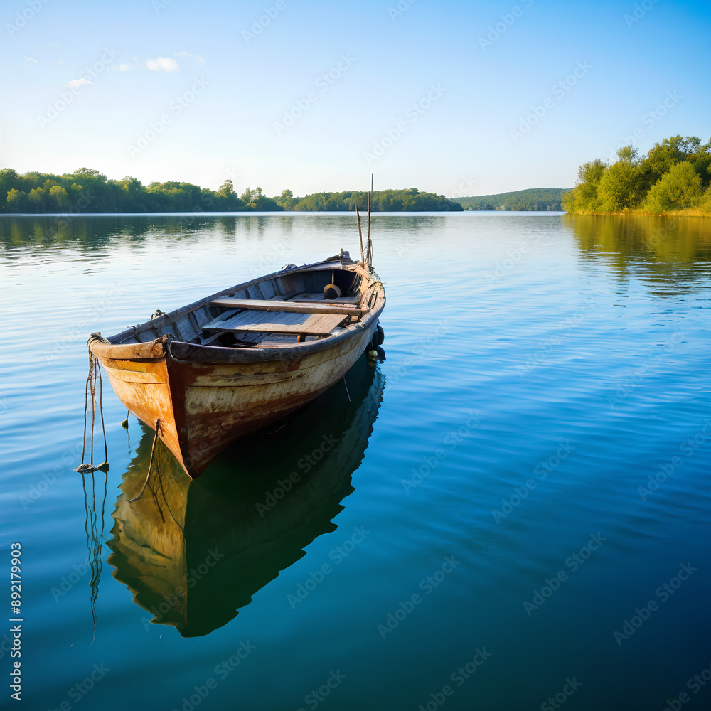 Wooden boat floating on calm lake surrounded by green trees and clear blue sky. Wooden boat floating on calm lake surrounded by green trees and clear blue sky.