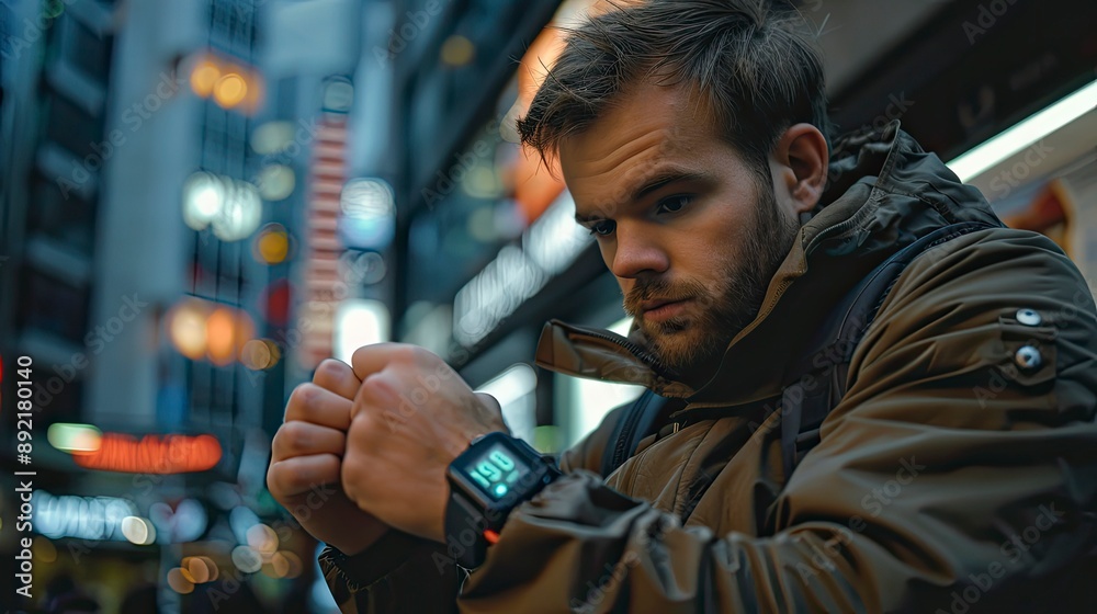 Close-up of a young man using a smartwatch to track fitness goals Close-up of a young man using a smartwatch to track fitness goals