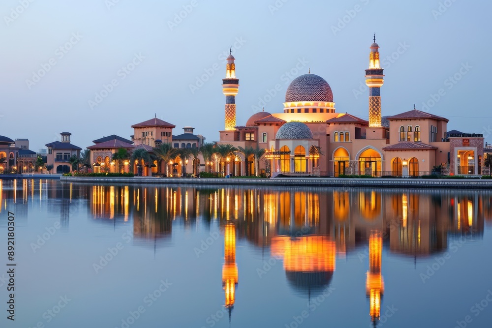 Fototapeta premium Illuminated Mosque with Reflecting Pool at Dusk
