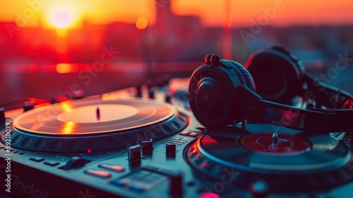 DJ turntables and headphones with a city sunset in the background Concept music nightlife entertainment digital art photo