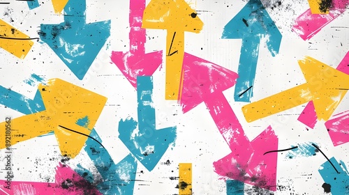 Dynamic arrow concept. vibrant pink, yellow, and blue color scheme with hand-drawn, dynamic arrows pointing in different directions on a textured white background