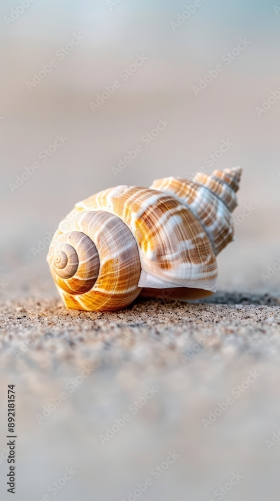 Minimalist close-up of a spiral seashell on a smooth sandy surface, capturing natural textures and serene simplicity Minimalist close-up of a spiral seashell on a smooth sandy surface, capturing natural textures and serene simplicity