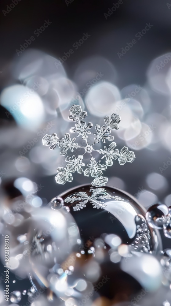 Snowflake ice crystal forming on bubble surface Snowflake ice crystal forming on bubble surface