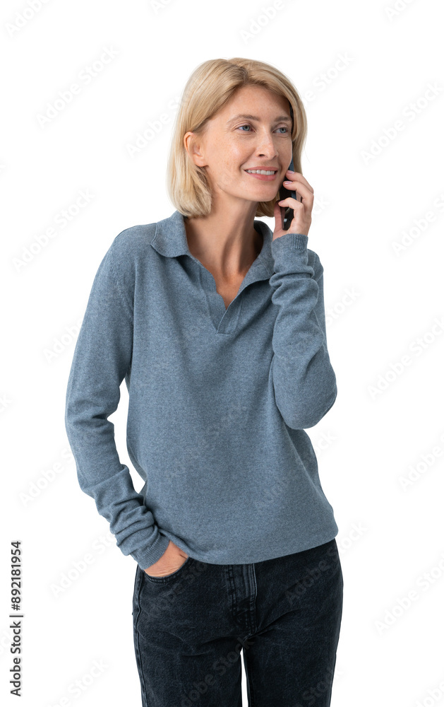 Woman with short blonde hair in casual blue sweater and black je Woman with short blonde hair in casual blue sweater and black je