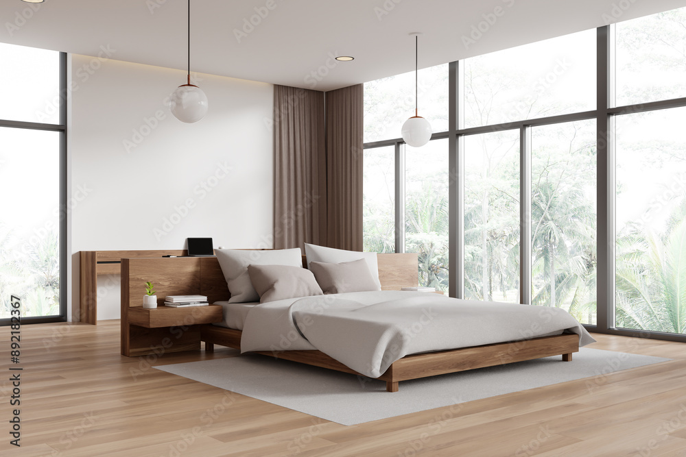 Fototapeta premium Modern minimalist bedroom with large windows and wooden furniture. 3D Rendering