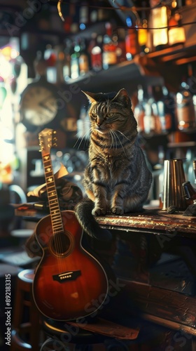 A cat sitting on top of a counter next to a guitar