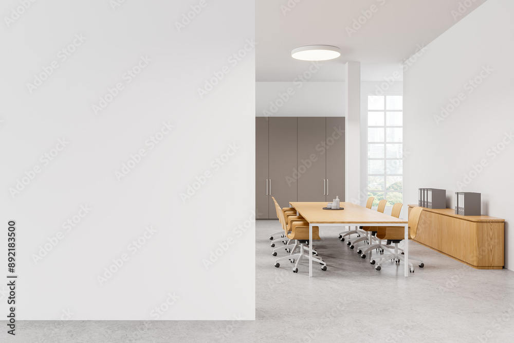 Fototapeta premium Cozy meeting interior with board and chairs, panoramic window. Mockup wall