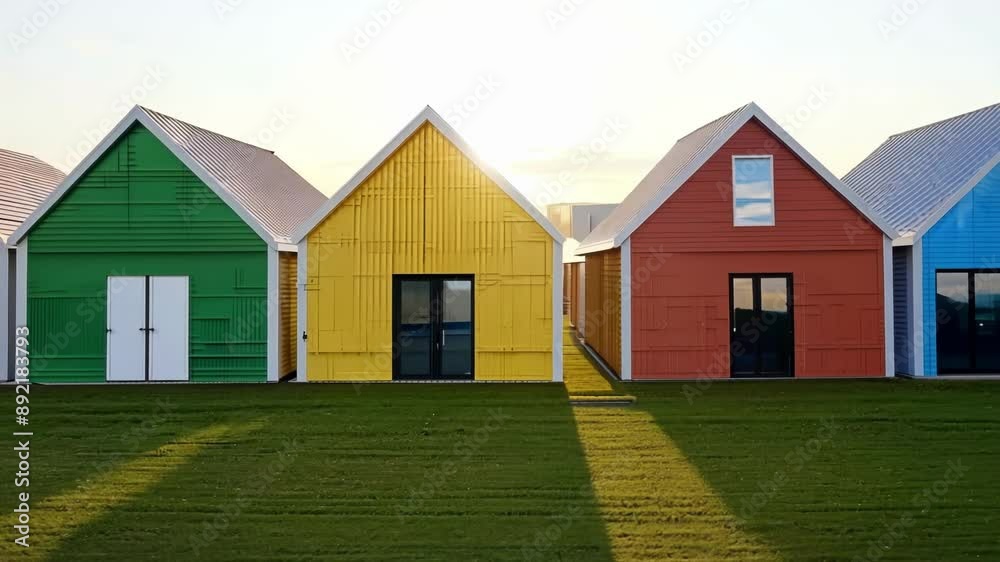 A row of colorful prefab homes each with a unique geometric shape.