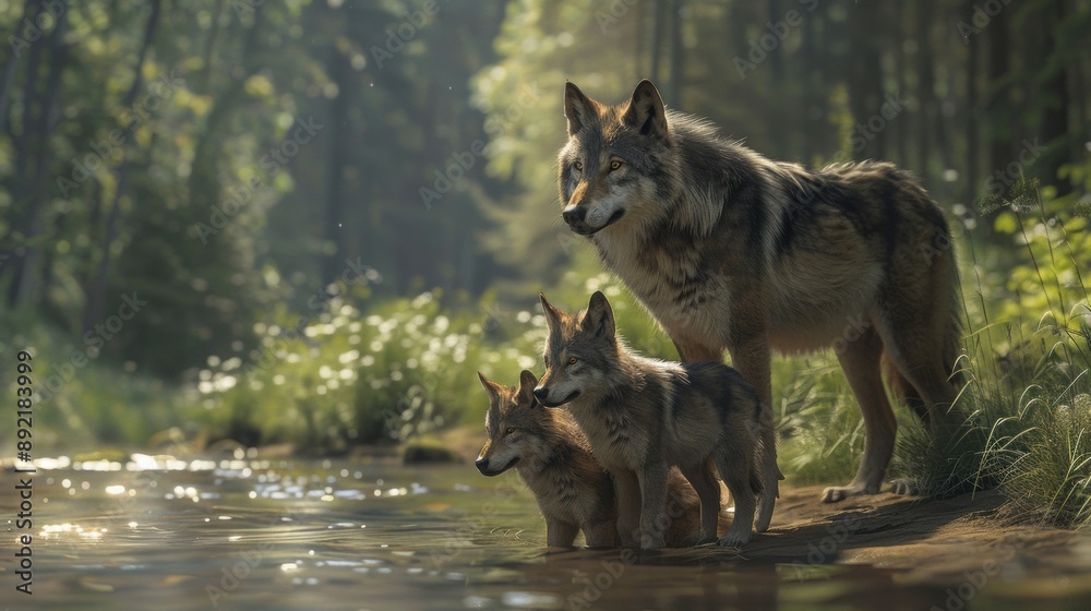 Fototapeta premium A couple of wolf standing next to a river