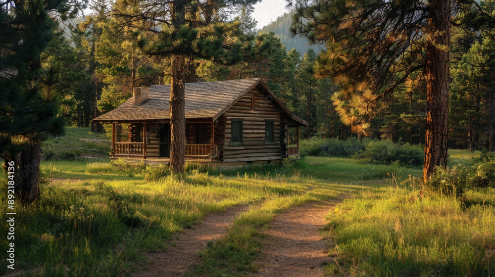 A rustic wooden cabin nestled among tall pine trees in a secluded forest. A rustic wooden cabin nestled among tall pine trees in a secluded forest.