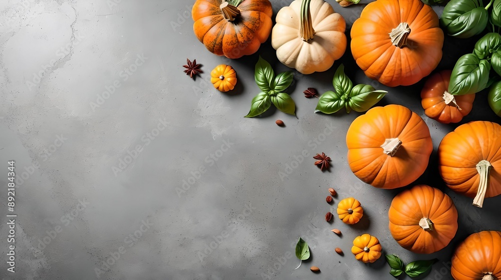 Top view of fresh pumpkins and basil on a gray concrete background, perfect for autumn-themed designs with free space for text. Top view of fresh pumpkins and basil on a gray concrete background, perfect for autumn-themed designs with free space for text.