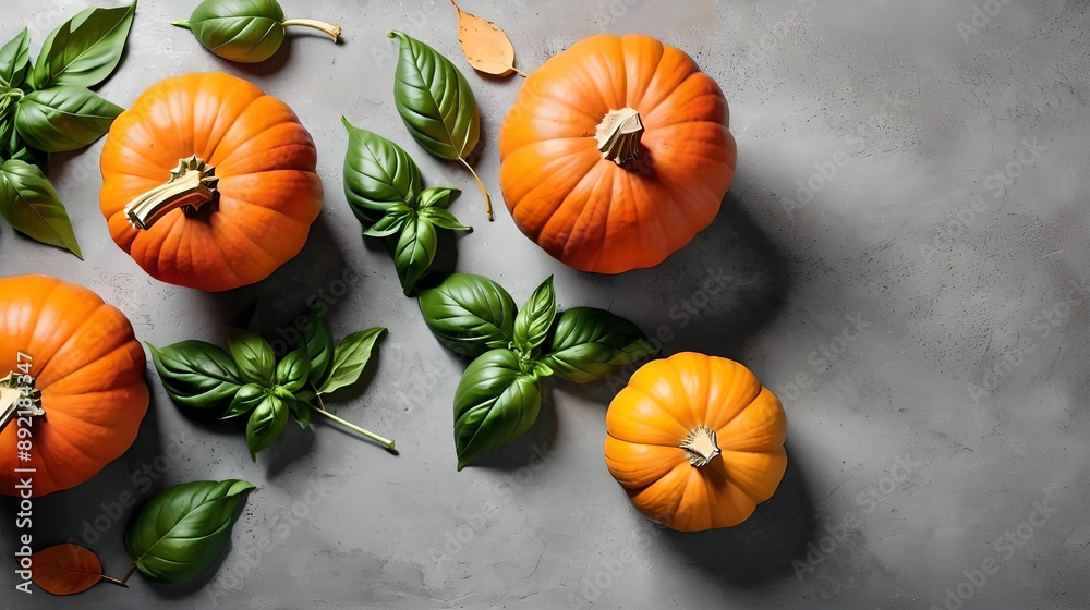Top view of fresh pumpkins and basil on a gray concrete background, perfect for autumn-themed designs with free space for text. Top view of fresh pumpkins and basil on a gray concrete background, perfect for autumn-themed designs with free space for text.