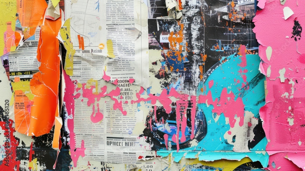 grungy urban collage of torn newspaper clippings and vibrant graffiti layered textures street art grungy urban collage of torn newspaper clippings and vibrant graffiti layered textures street art