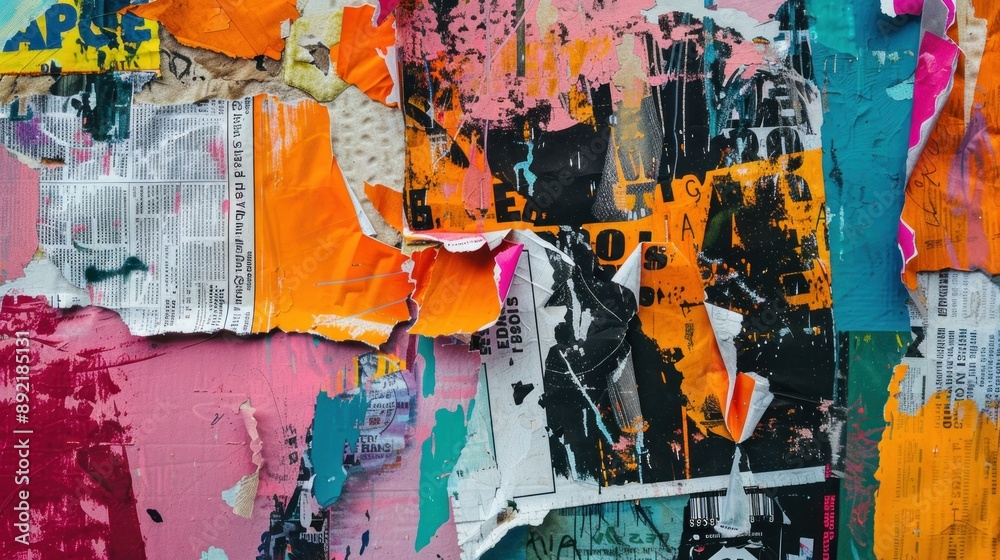 Fototapeta premium grungy urban collage of torn newspaper clippings and vibrant graffiti layered textures street art