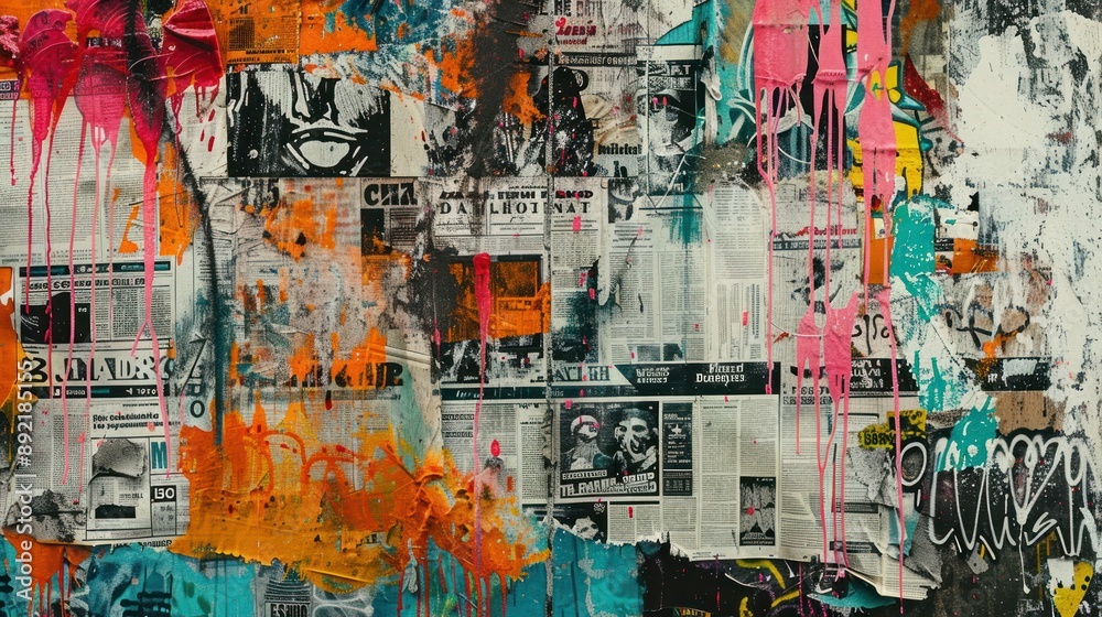 grungy urban collage of torn newspaper clippings and vibrant graffiti layered textures street art grungy urban collage of torn newspaper clippings and vibrant graffiti layered textures street art