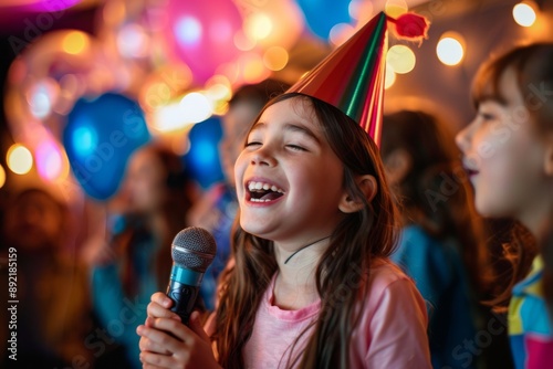 Happy Girl Singing Karaoke at a Birthday Party