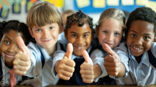A group of children giving the thumbs up sign