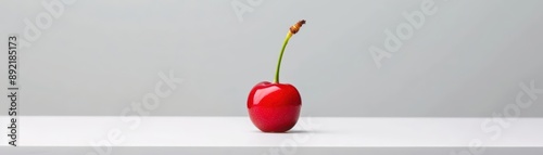 Close-up of a single ripe cherry on a smooth white surface, emphasizing vibrant color and minimalistic style photo