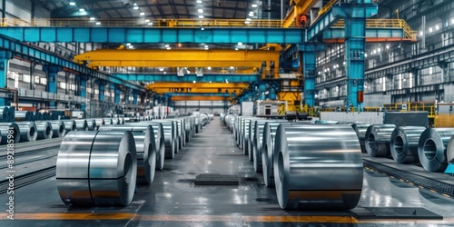 ndustrial steel manufacturing shiny galvanized coils in factory warehouse concept photo