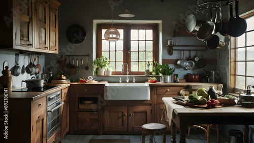 Rustic Farmhouse Kitchen with Vintage Decor and Wooden Cabinets 